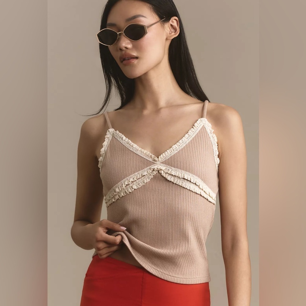 Anthropologie Blue Tassel Lace Cami Top Size XL New Tan Cream V Neck